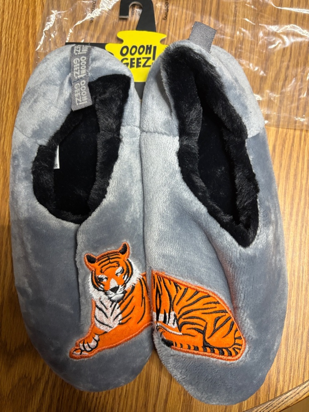 Plush Gray Women's Slippers with Orange Tiger Embroidery